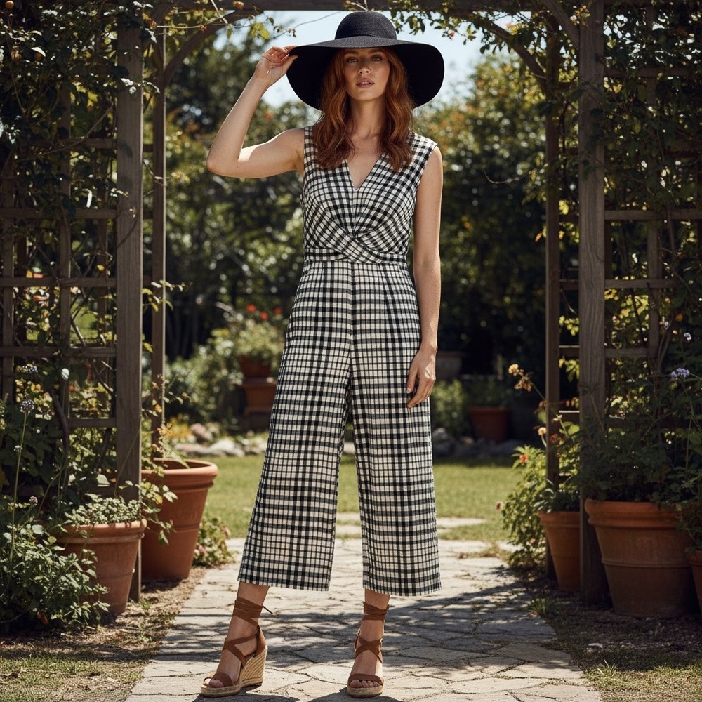 Urban Outfitters Ellery Surplice Gingham Plaid Cropped Culotte Jumpsuit Size 2